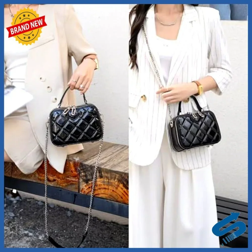 Mini Quilted Leather Top Handle Clutch with Chain Strap Crossbody Purse